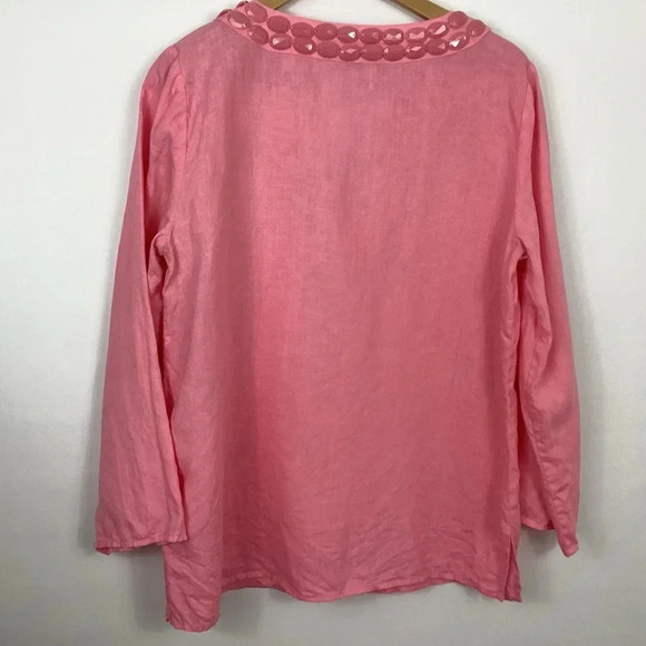 Talbots Pink Linen Beaded Neckline Tunic Top Size Medium - Picture 3 of 7